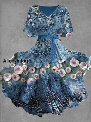 Vintage Floral Art Print Chic V-Neck Short Sleeve Midi Dress