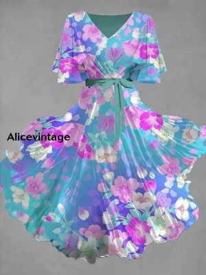 Vintage Floral Art Print Chic V-Neck Short Sleeve Midi Dress