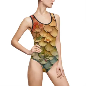 Vintage Floral Mer Scales One-Piece Swimsuit for Women - Elegant Beachwear
