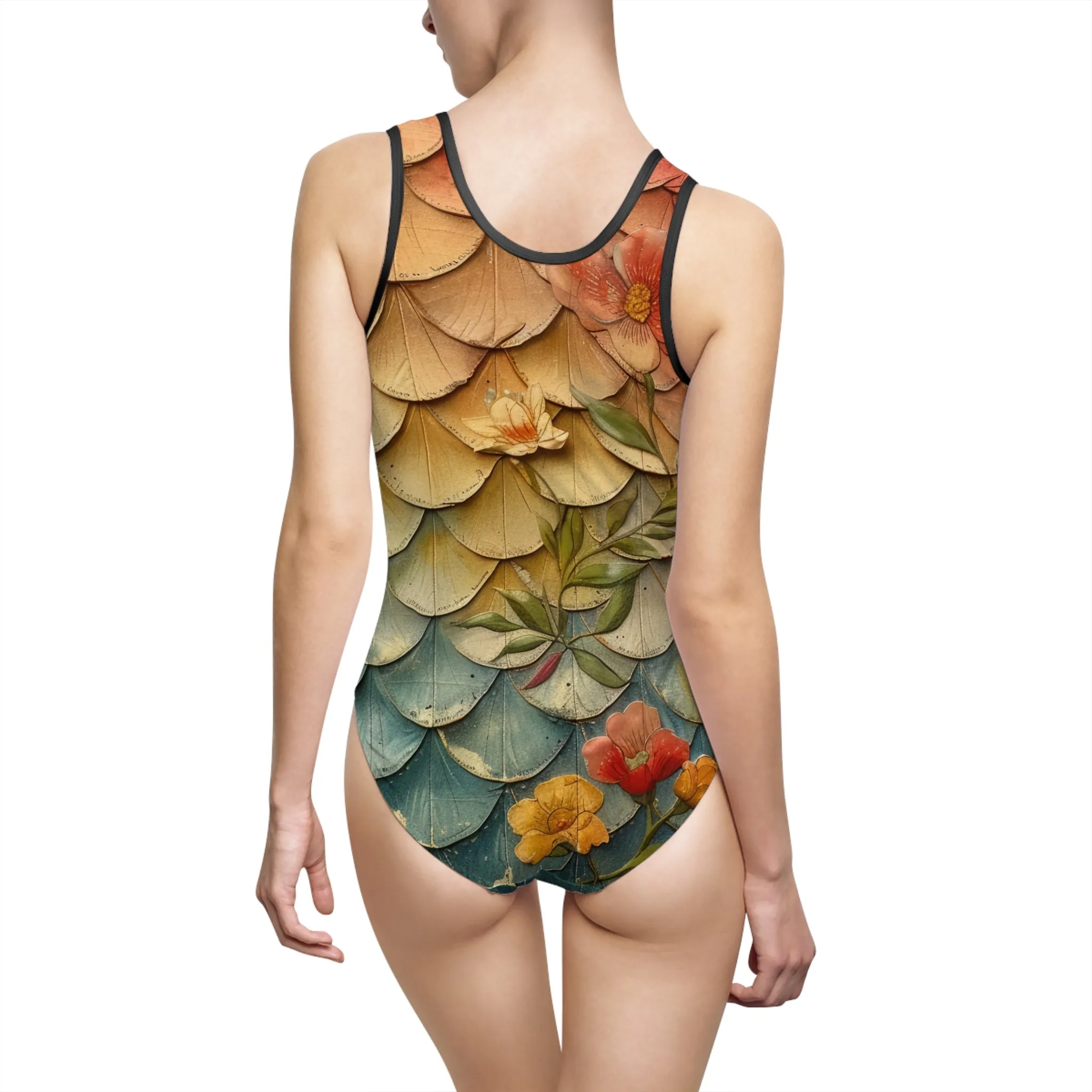 Vintage Floral Mer Scales One-Piece Swimsuit for Women - Elegant Beachwear