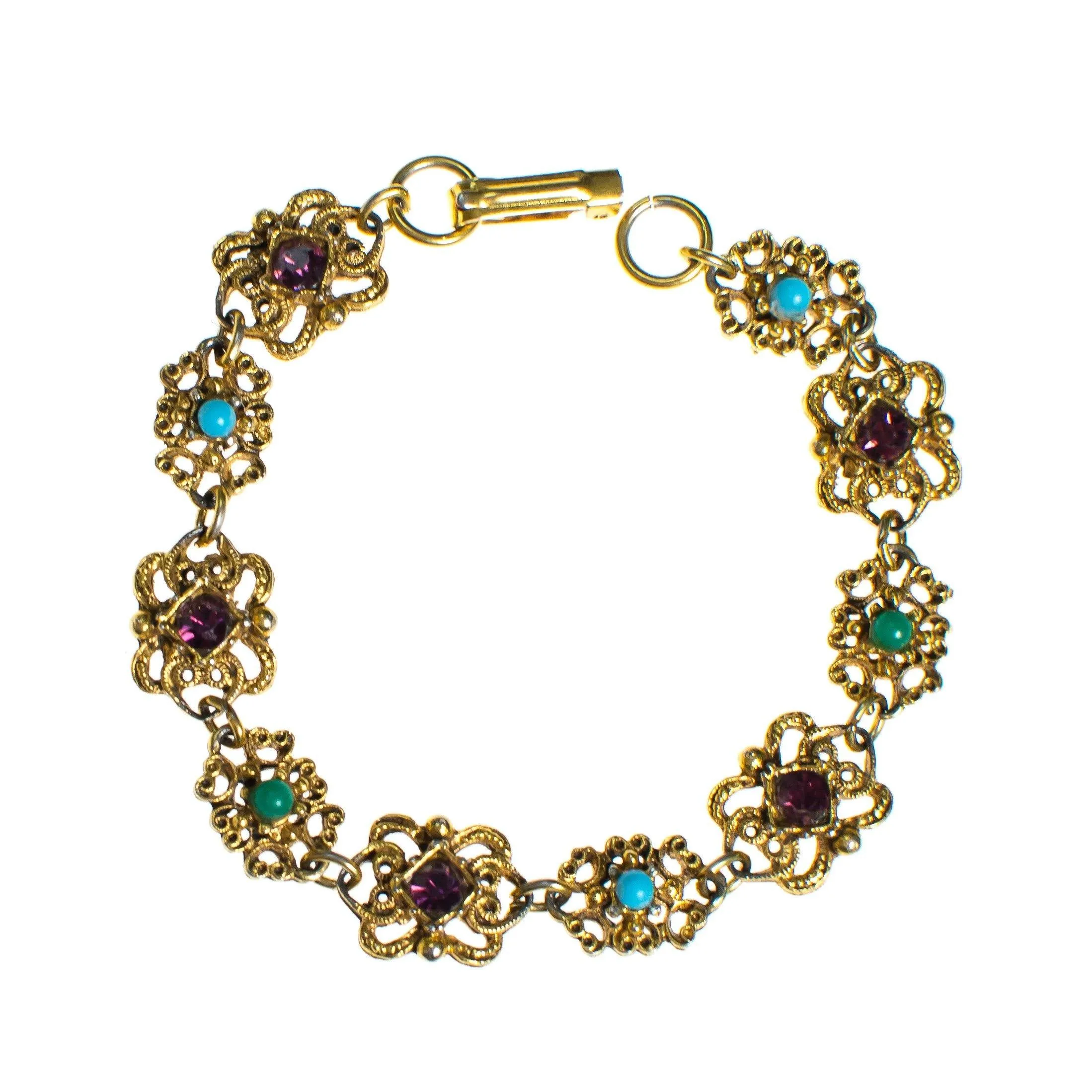 Vintage Florenza Gold Filigree Panel Link Bracelet with Amethyst Crystals, Turquoise, and Jade Green Beads