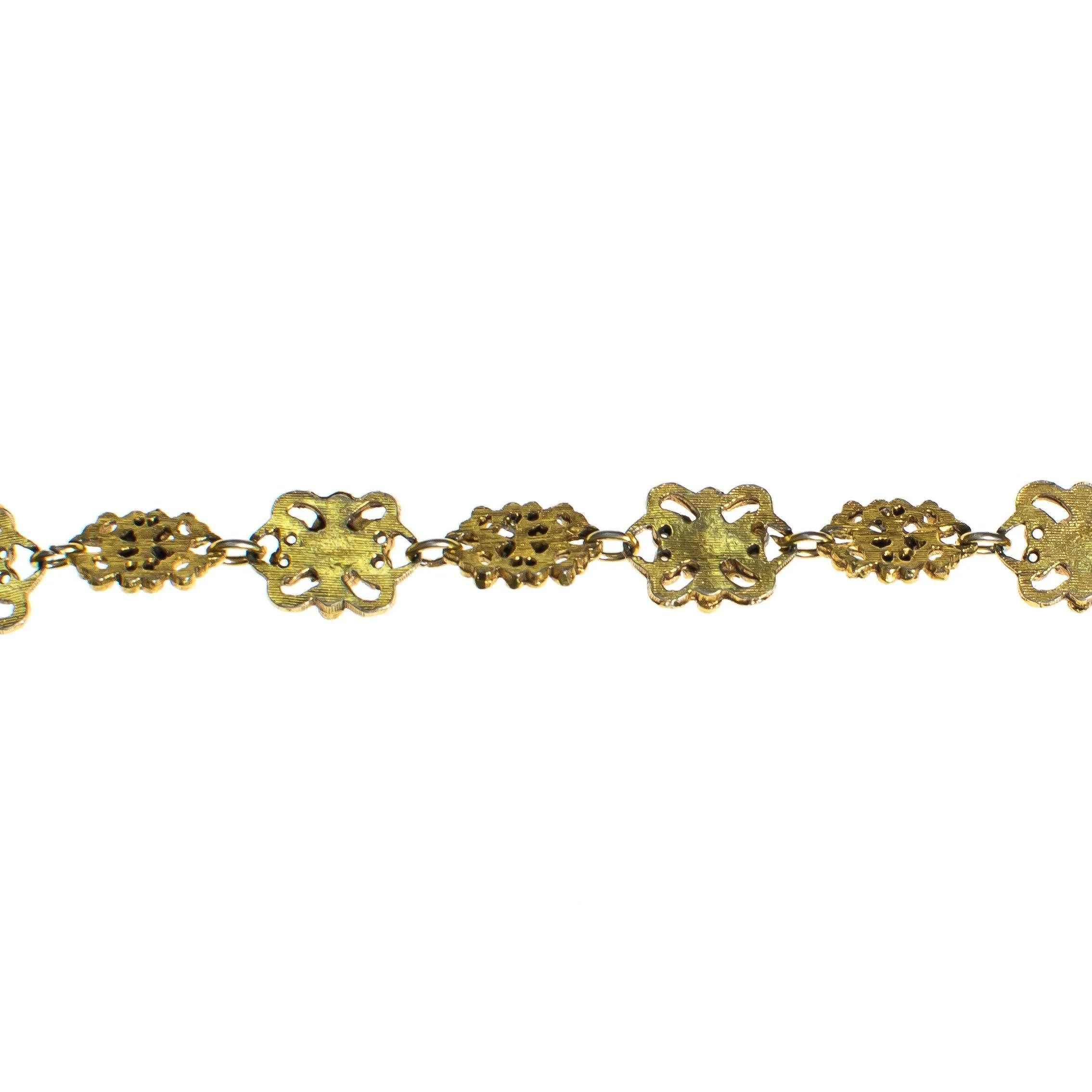 Vintage Florenza Gold Filigree Panel Link Bracelet with Amethyst Crystals, Turquoise, and Jade Green Beads