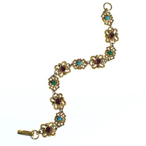 Vintage Florenza Gold Filigree Panel Link Bracelet with Amethyst Crystals, Turquoise, and Jade Green Beads
