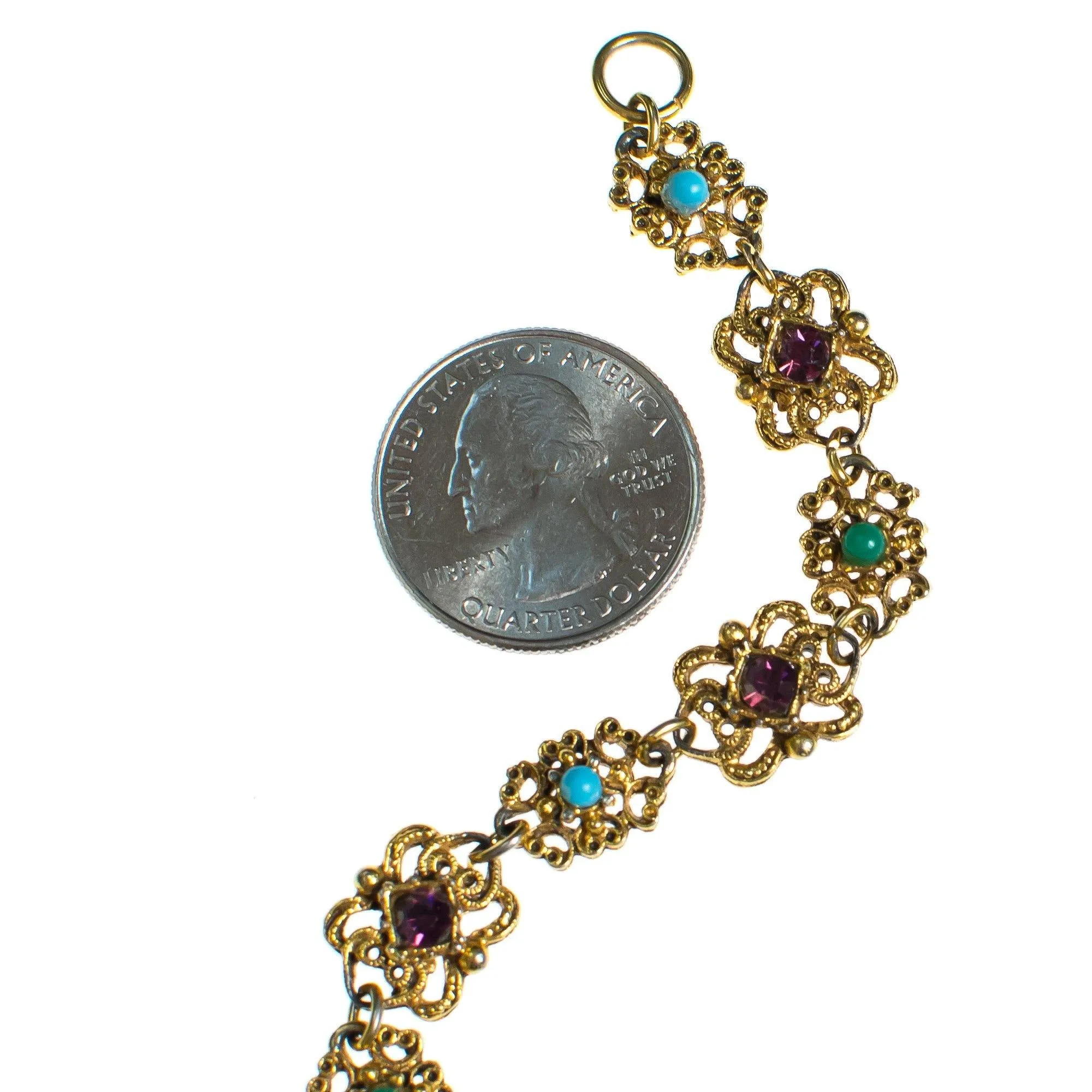 Vintage Florenza Gold Filigree Panel Link Bracelet with Amethyst Crystals, Turquoise, and Jade Green Beads