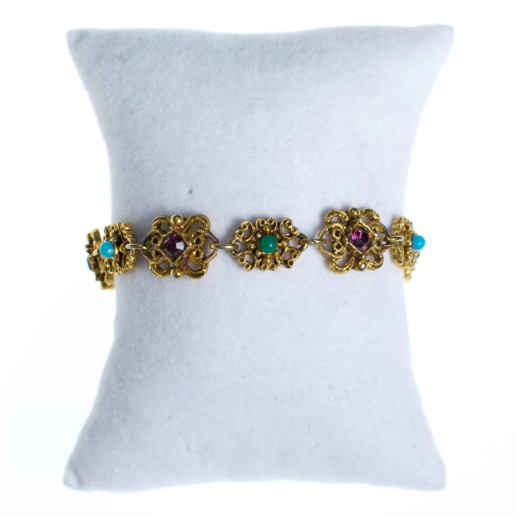 Vintage Florenza Gold Filigree Panel Link Bracelet with Amethyst Crystals, Turquoise, and Jade Green Beads