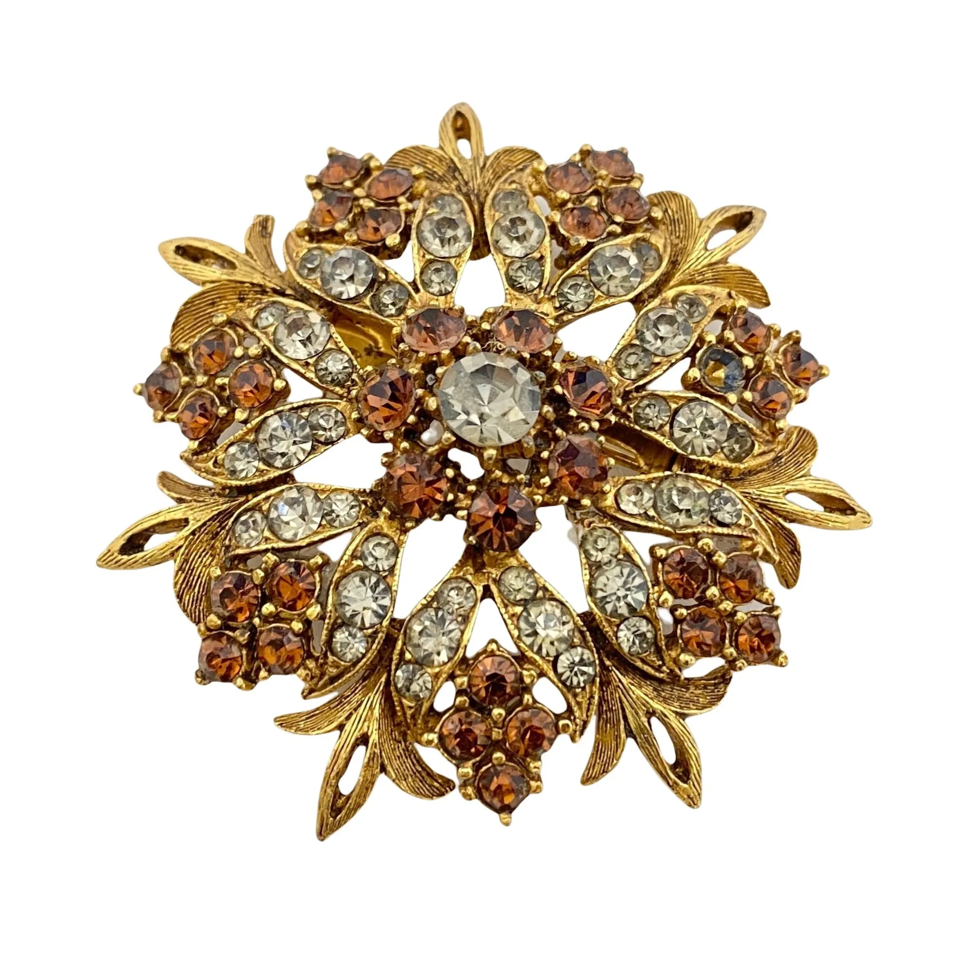 Vintage Florenza Renaissance Revival Brooch with Smoke and Amber Rhinestones