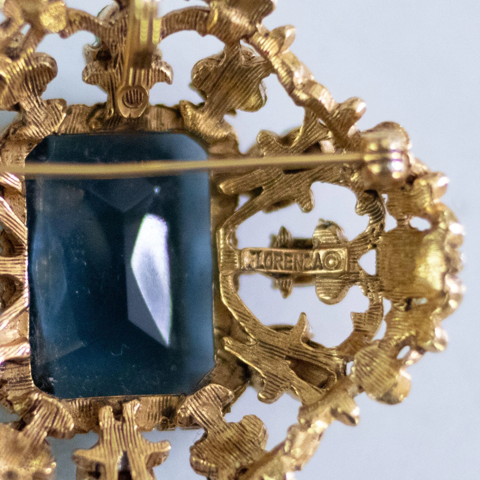 Vintage Florenza Renaissance Revival Ornate Brooch with Blue Crystal, Faux Pearls, and Rhinestones
