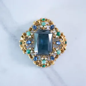 Vintage Florenza Renaissance Revival Ornate Brooch with Blue Crystal, Faux Pearls, and Rhinestones