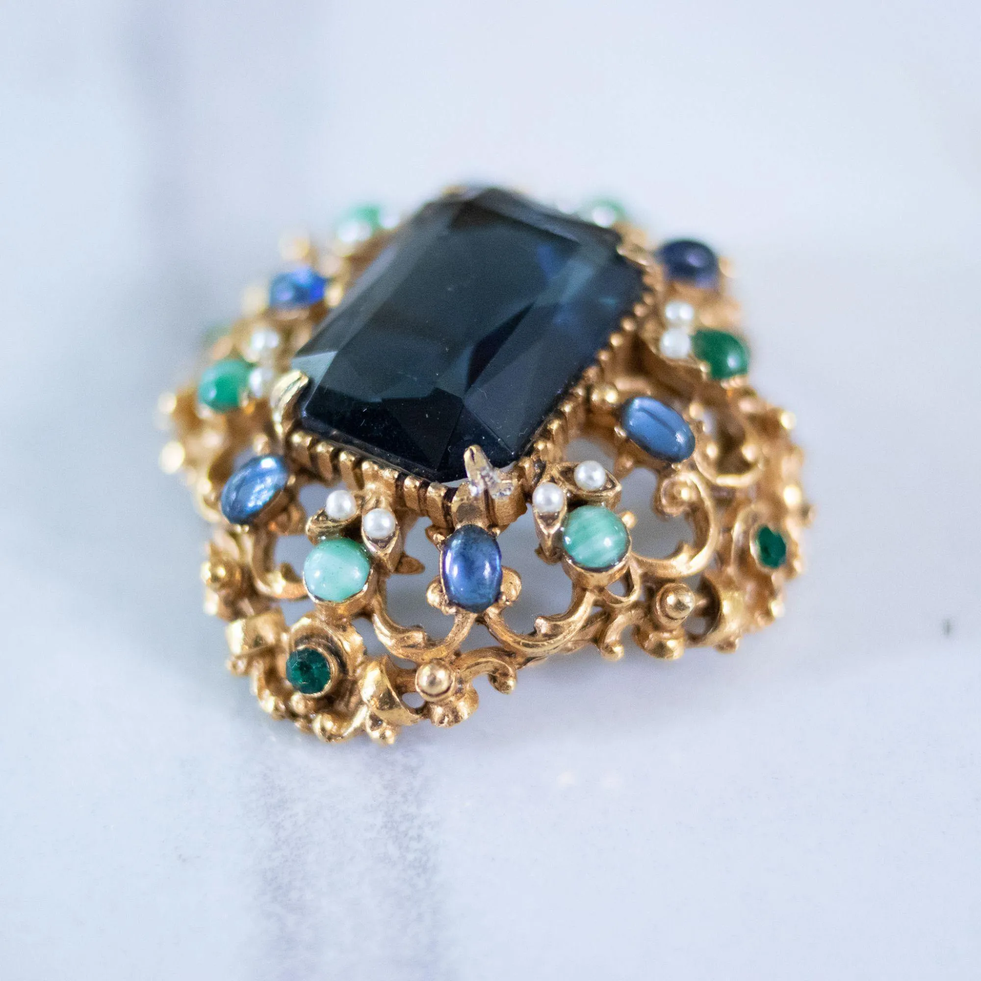 Vintage Florenza Renaissance Revival Ornate Brooch with Blue Crystal, Faux Pearls, and Rhinestones