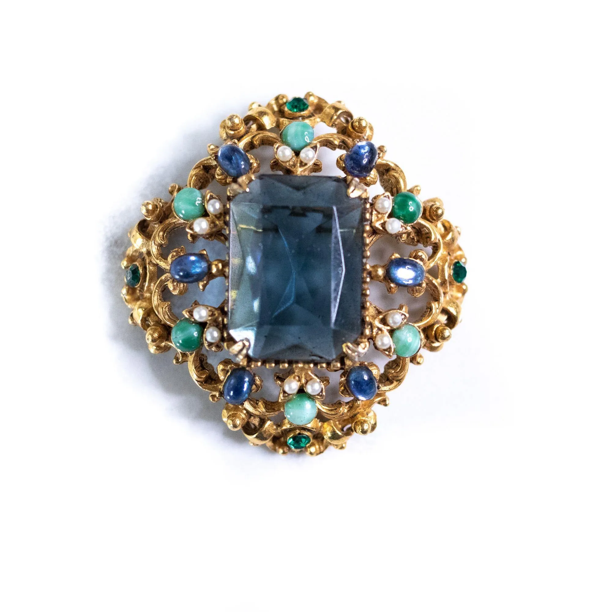 Vintage Florenza Renaissance Revival Ornate Brooch with Blue Crystal, Faux Pearls, and Rhinestones