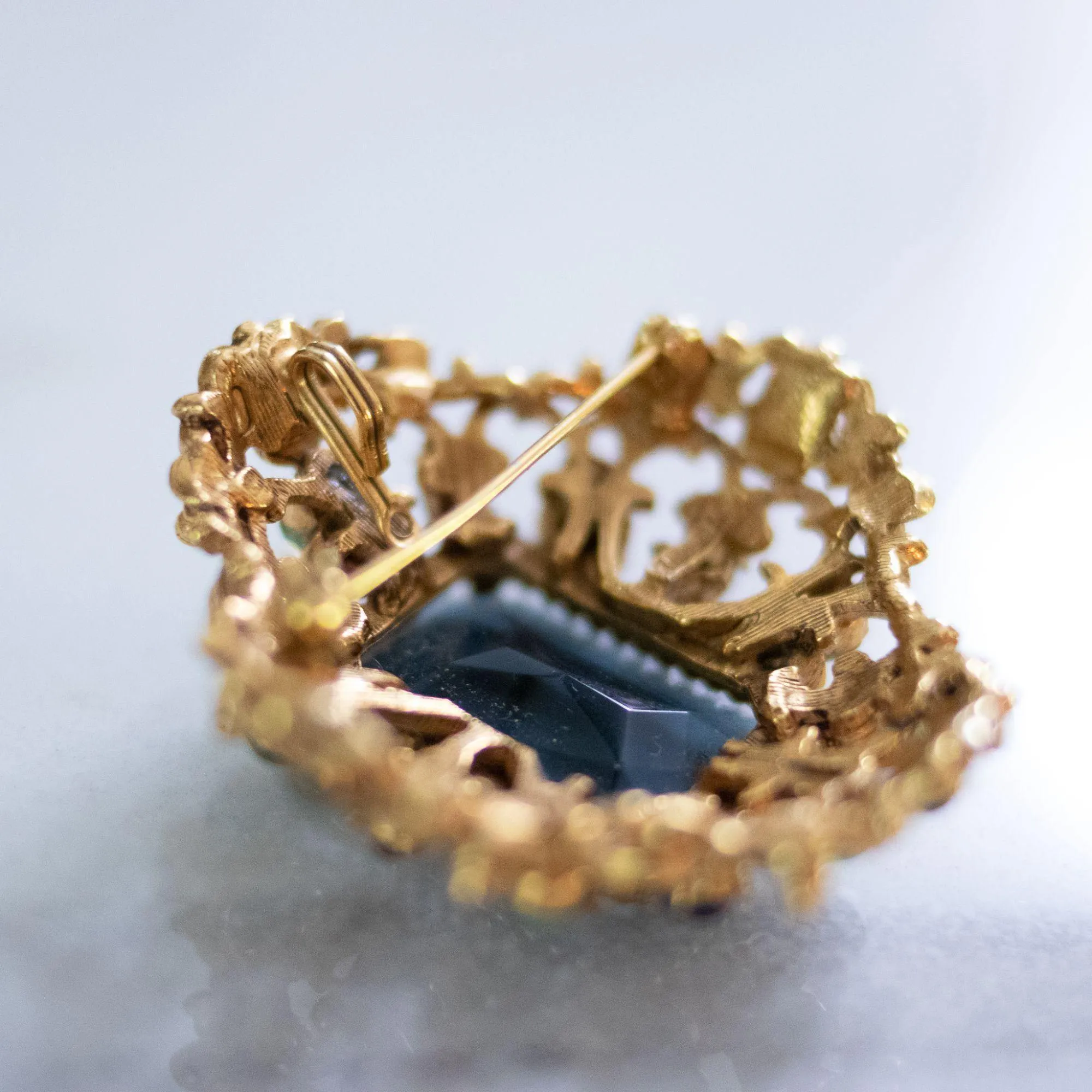 Vintage Florenza Renaissance Revival Ornate Brooch with Blue Crystal, Faux Pearls, and Rhinestones