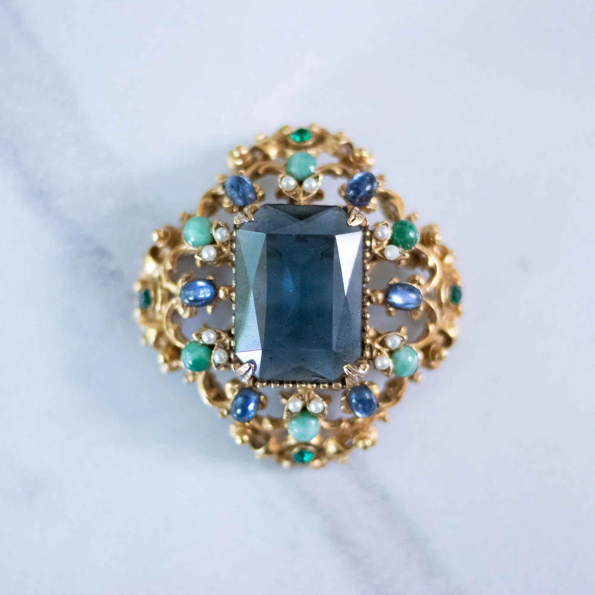 Vintage Florenza Renaissance Revival Ornate Brooch with Blue Crystal, Faux Pearls, and Rhinestones