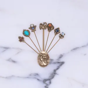 Vintage Gold Cameo Stick Pin Brooch with Rhinestones and Colorful Lucite Cabochons
