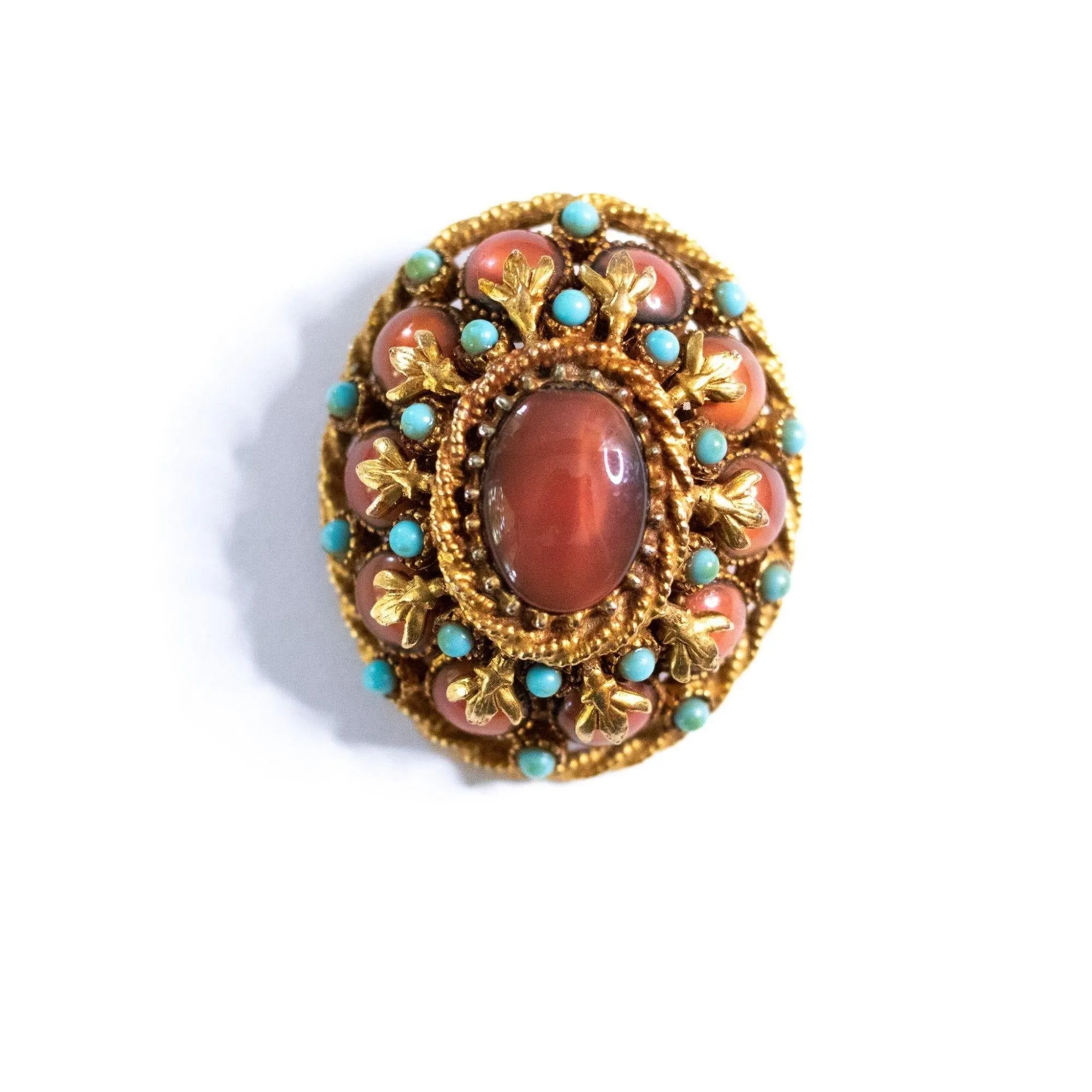 Vintage HAR Oval Medallion Brooch with Carnelian Glass Center Stone and Turquoise Bead Details