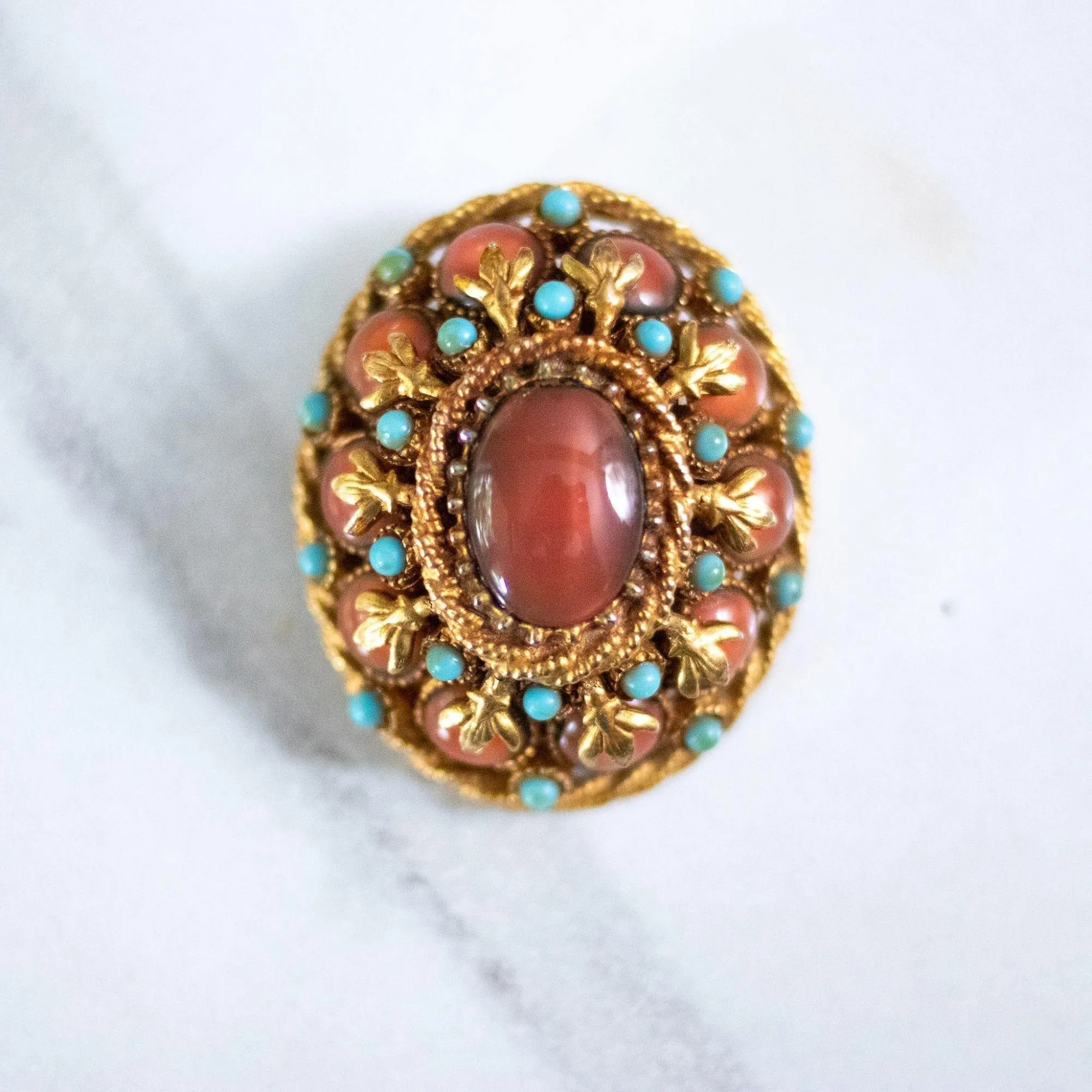 Vintage HAR Oval Medallion Brooch with Carnelian Glass Center Stone and Turquoise Bead Details
