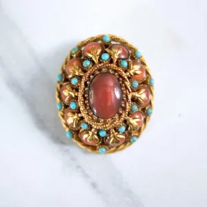 Vintage HAR Oval Medallion Brooch with Carnelian Glass Center Stone and Turquoise Bead Details