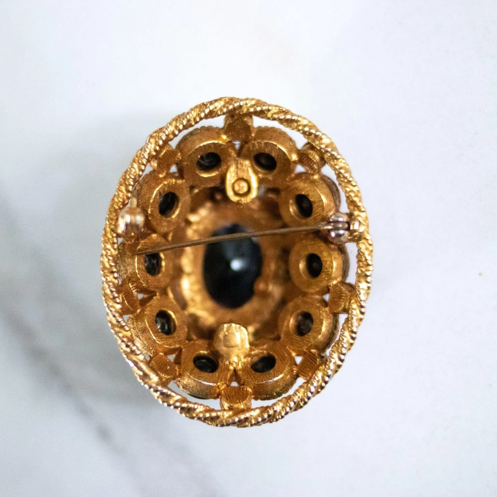 Vintage HAR Oval Medallion Brooch with Carnelian Glass Center Stone and Turquoise Bead Details