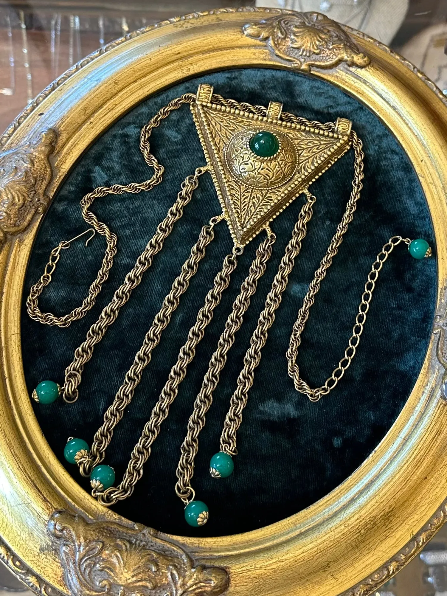 Vintage Huge Triangle & Tassel Egyptian Revival Green Glass Dangle Drop Necklace