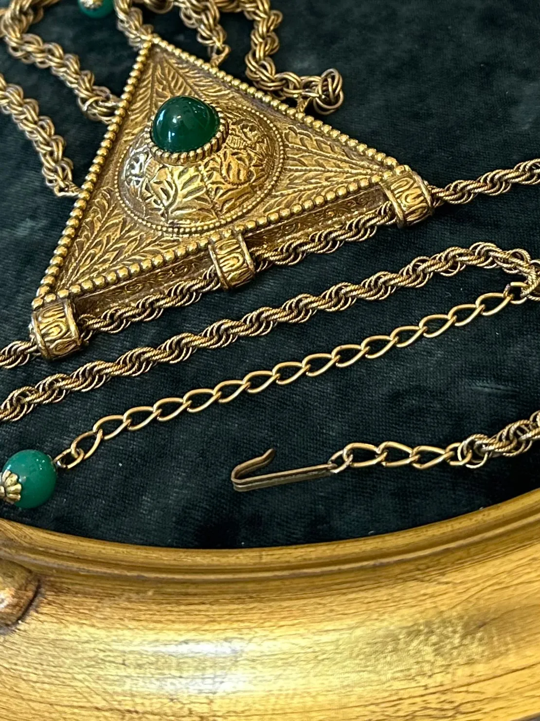 Vintage Huge Triangle & Tassel Egyptian Revival Green Glass Dangle Drop Necklace