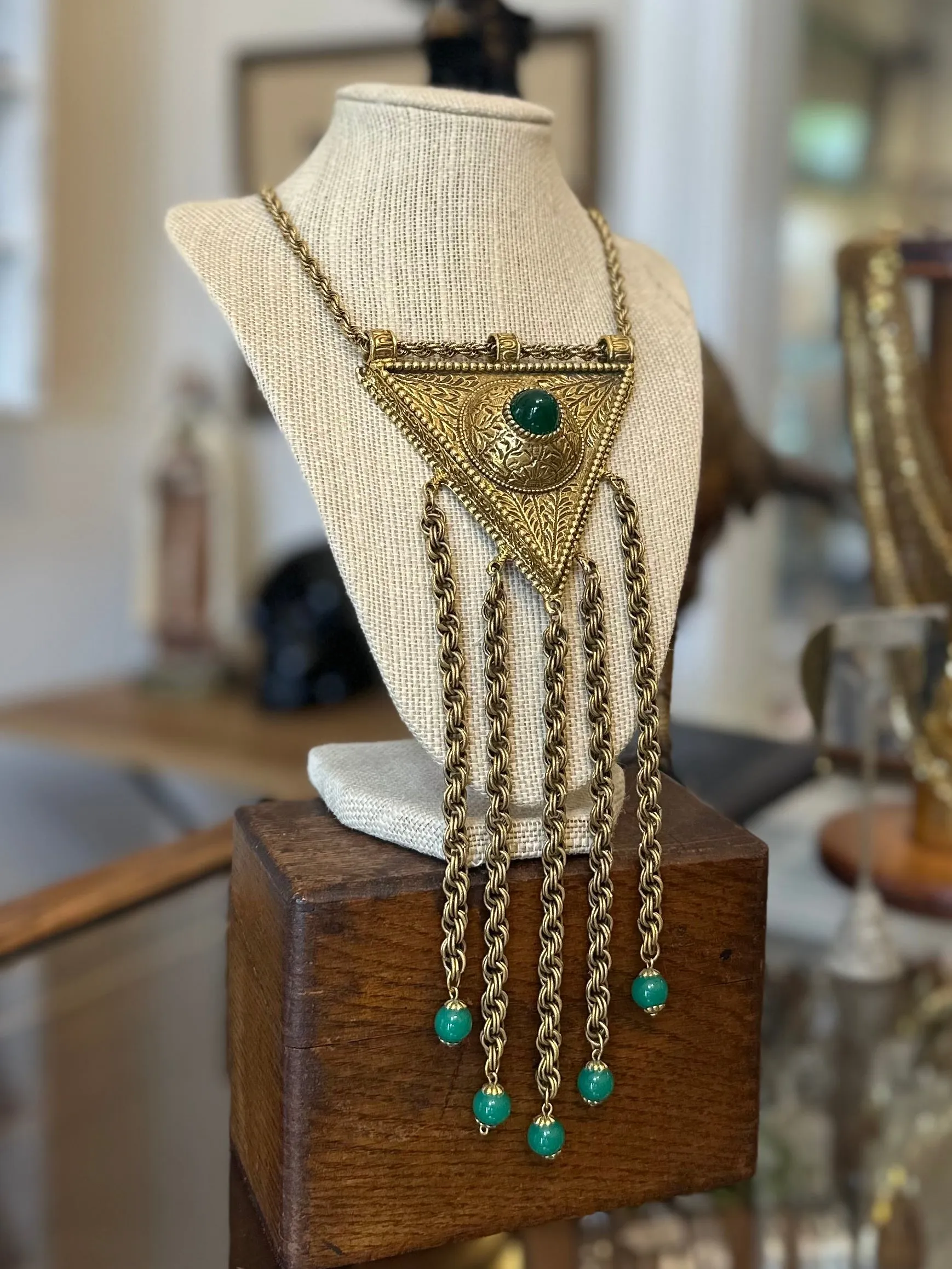 Vintage Huge Triangle & Tassel Egyptian Revival Green Glass Dangle Drop Necklace