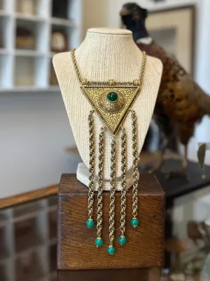 Vintage Huge Triangle & Tassel Egyptian Revival Green Glass Dangle Drop Necklace