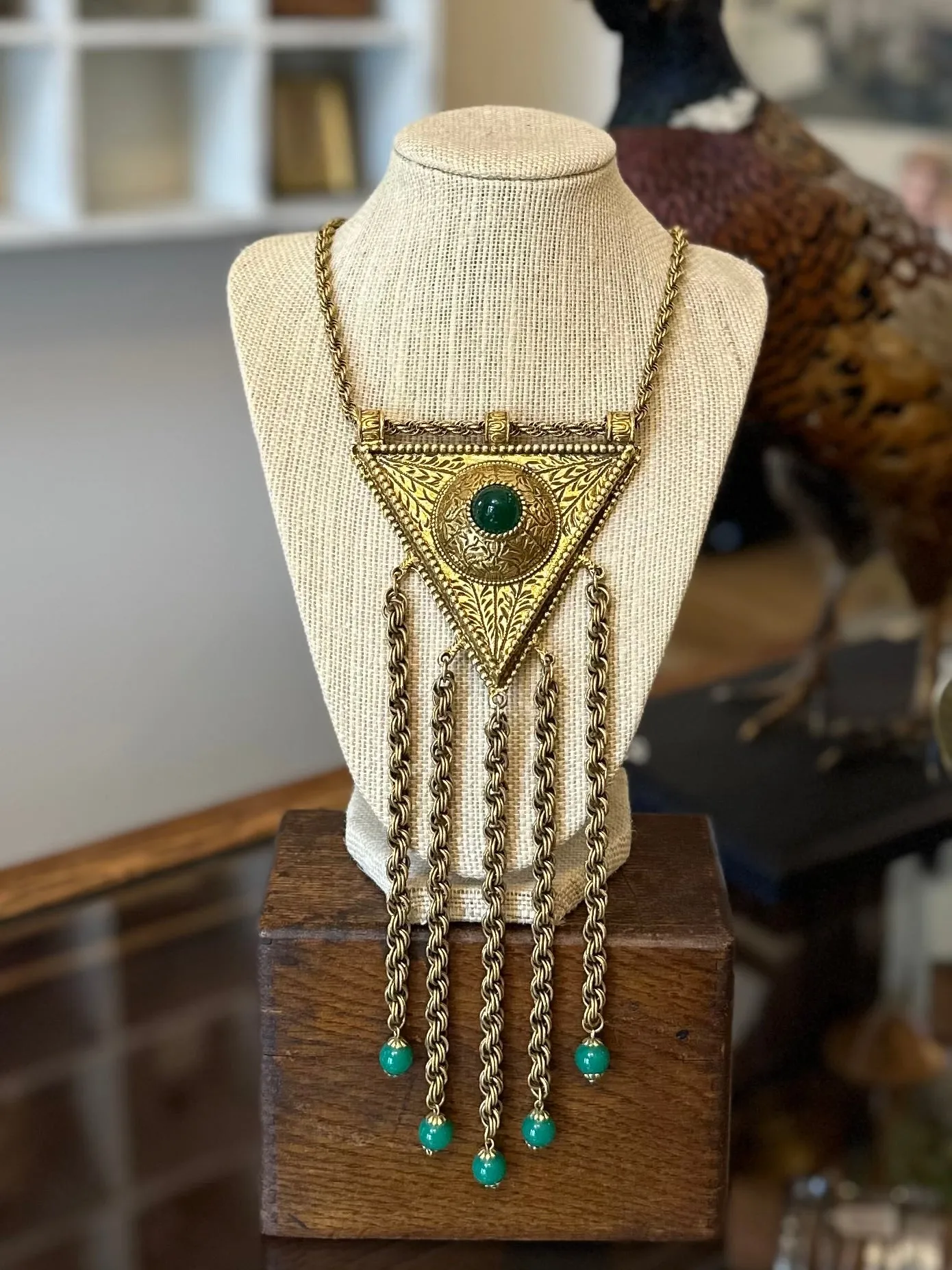 Vintage Huge Triangle & Tassel Egyptian Revival Green Glass Dangle Drop Necklace