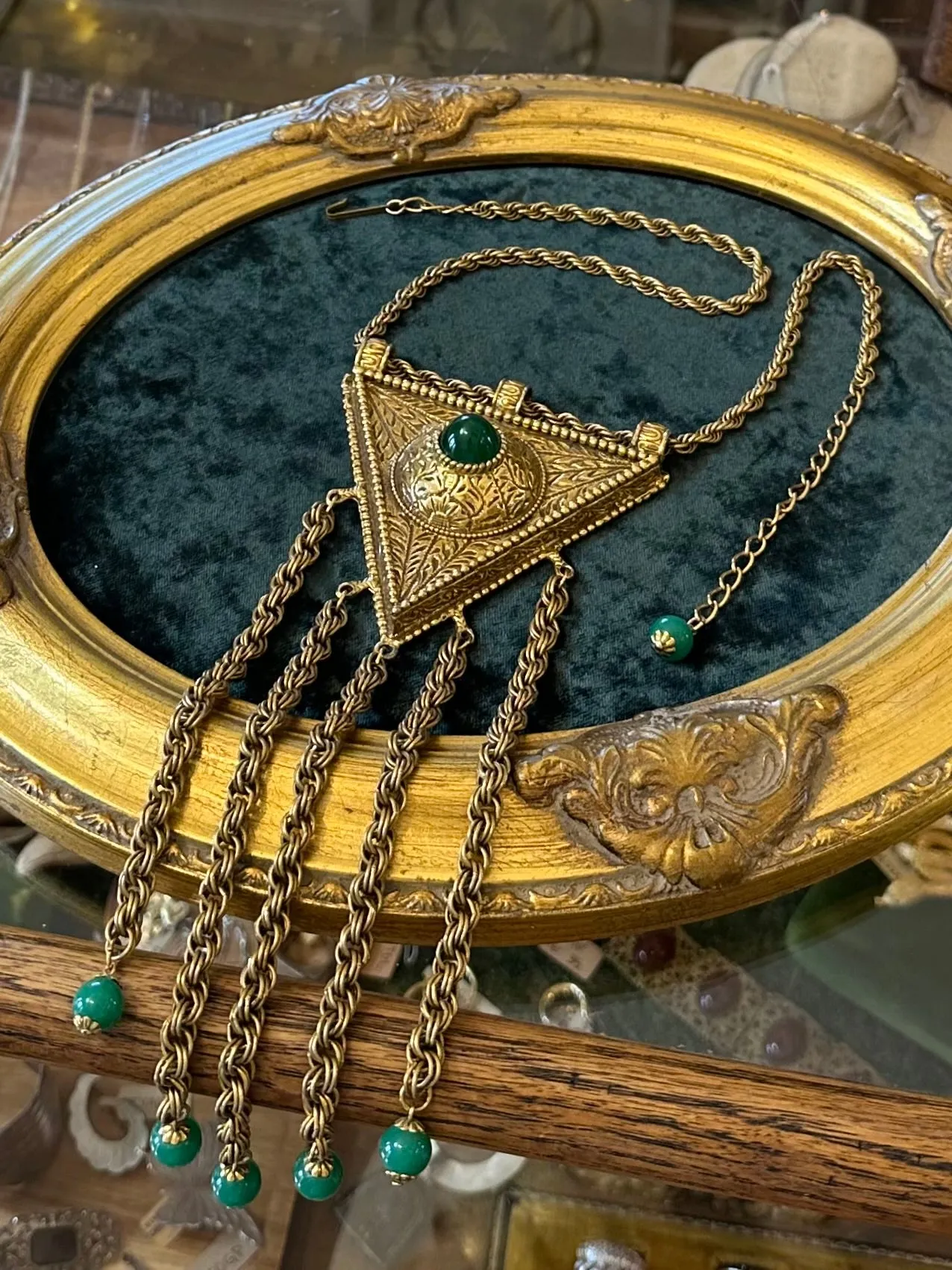 Vintage Huge Triangle & Tassel Egyptian Revival Green Glass Dangle Drop Necklace