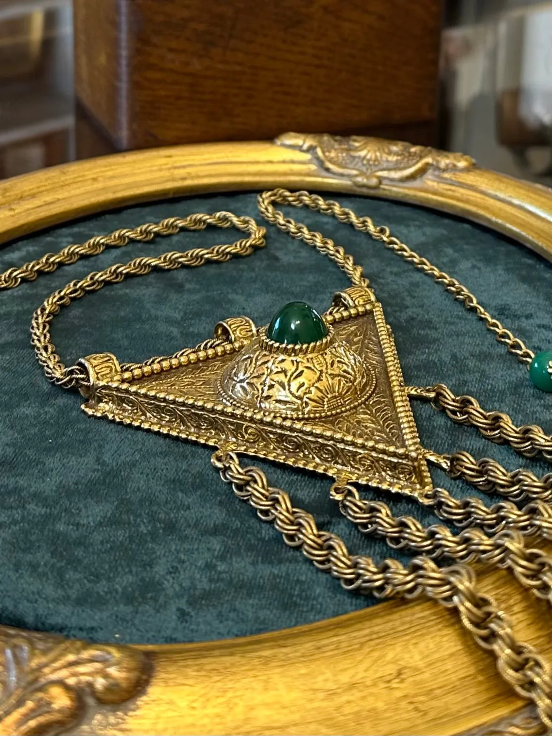 Vintage Huge Triangle & Tassel Egyptian Revival Green Glass Dangle Drop Necklace