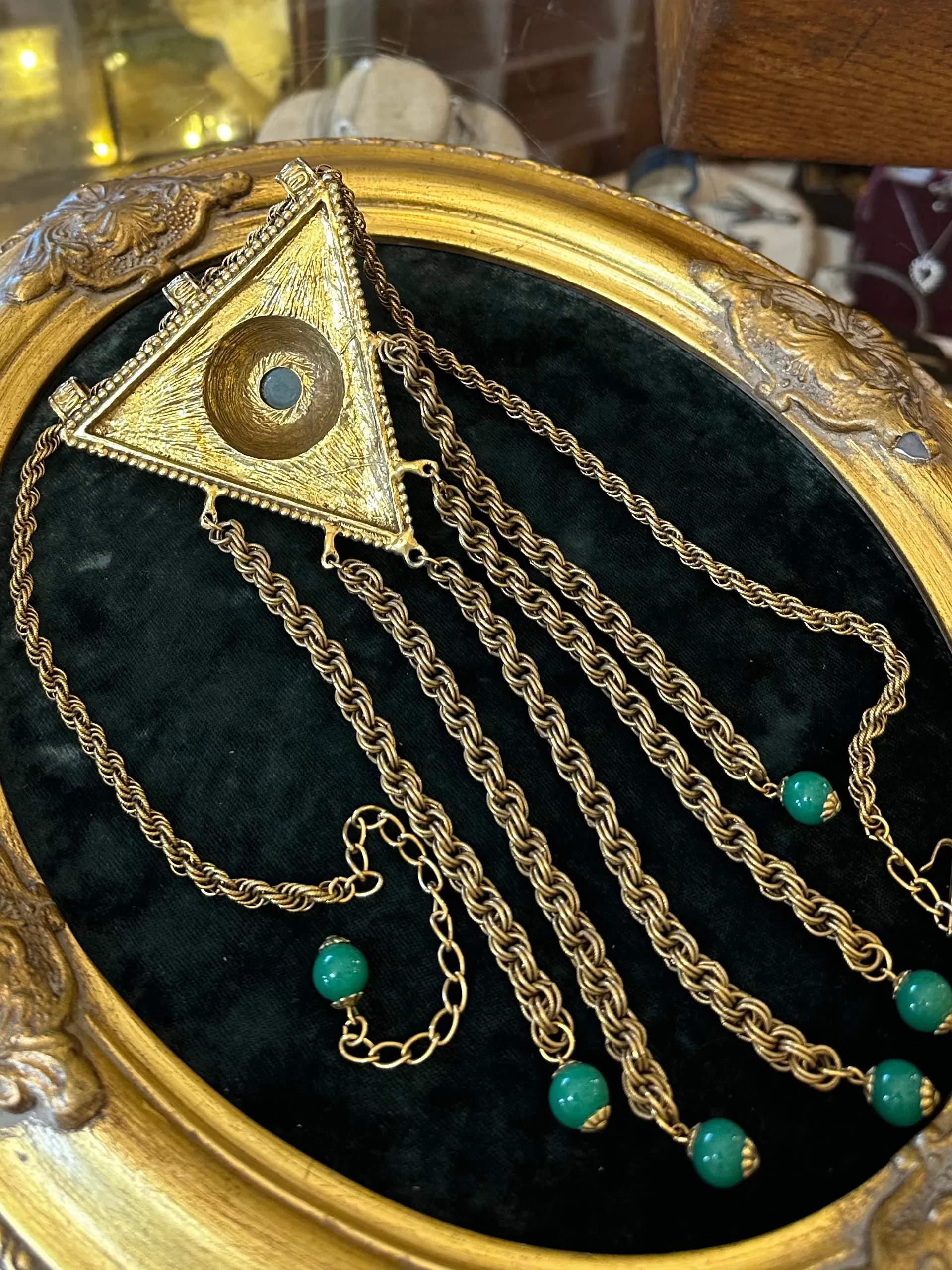 Vintage Huge Triangle & Tassel Egyptian Revival Green Glass Dangle Drop Necklace