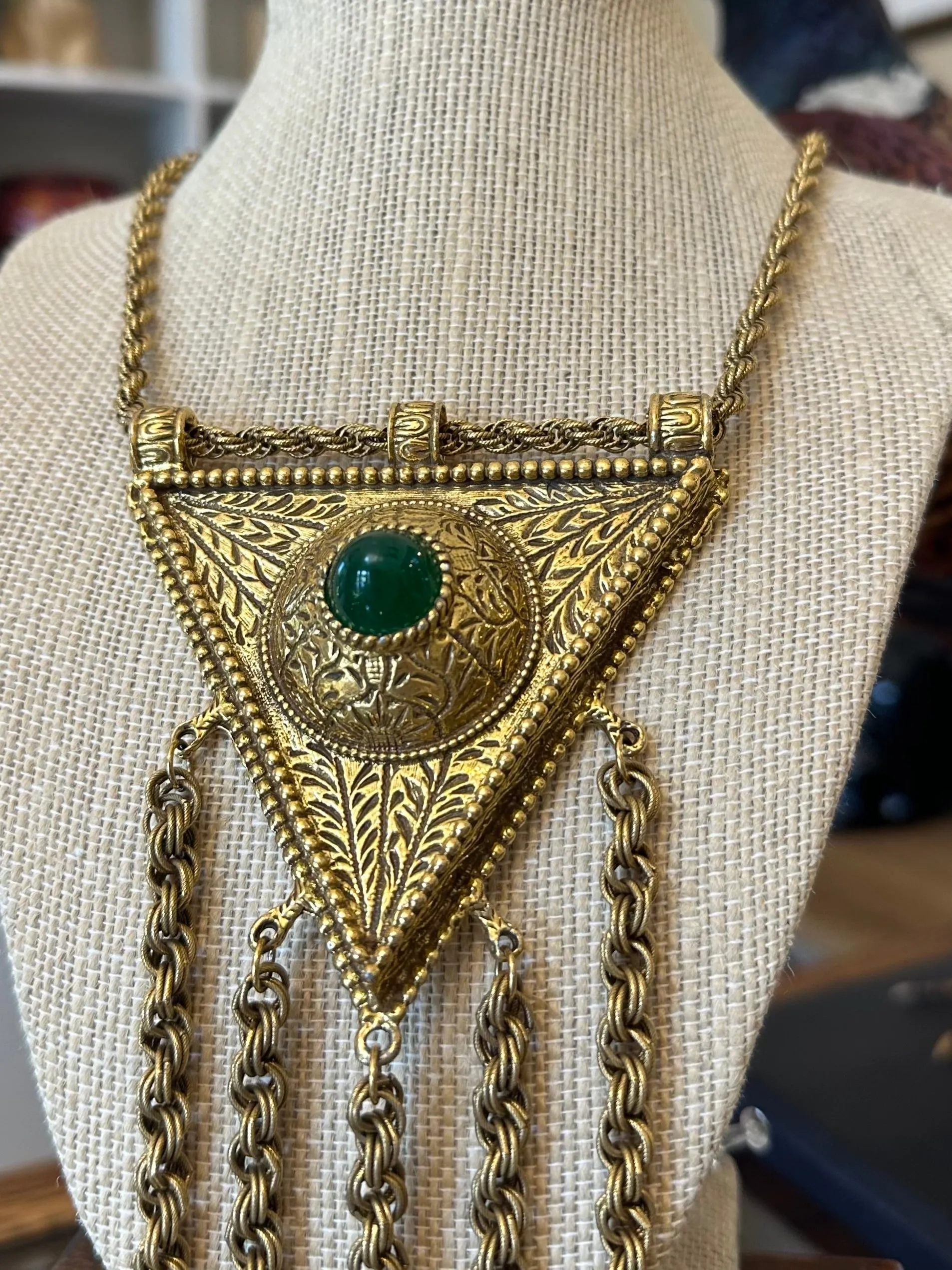 Vintage Huge Triangle & Tassel Egyptian Revival Green Glass Dangle Drop Necklace