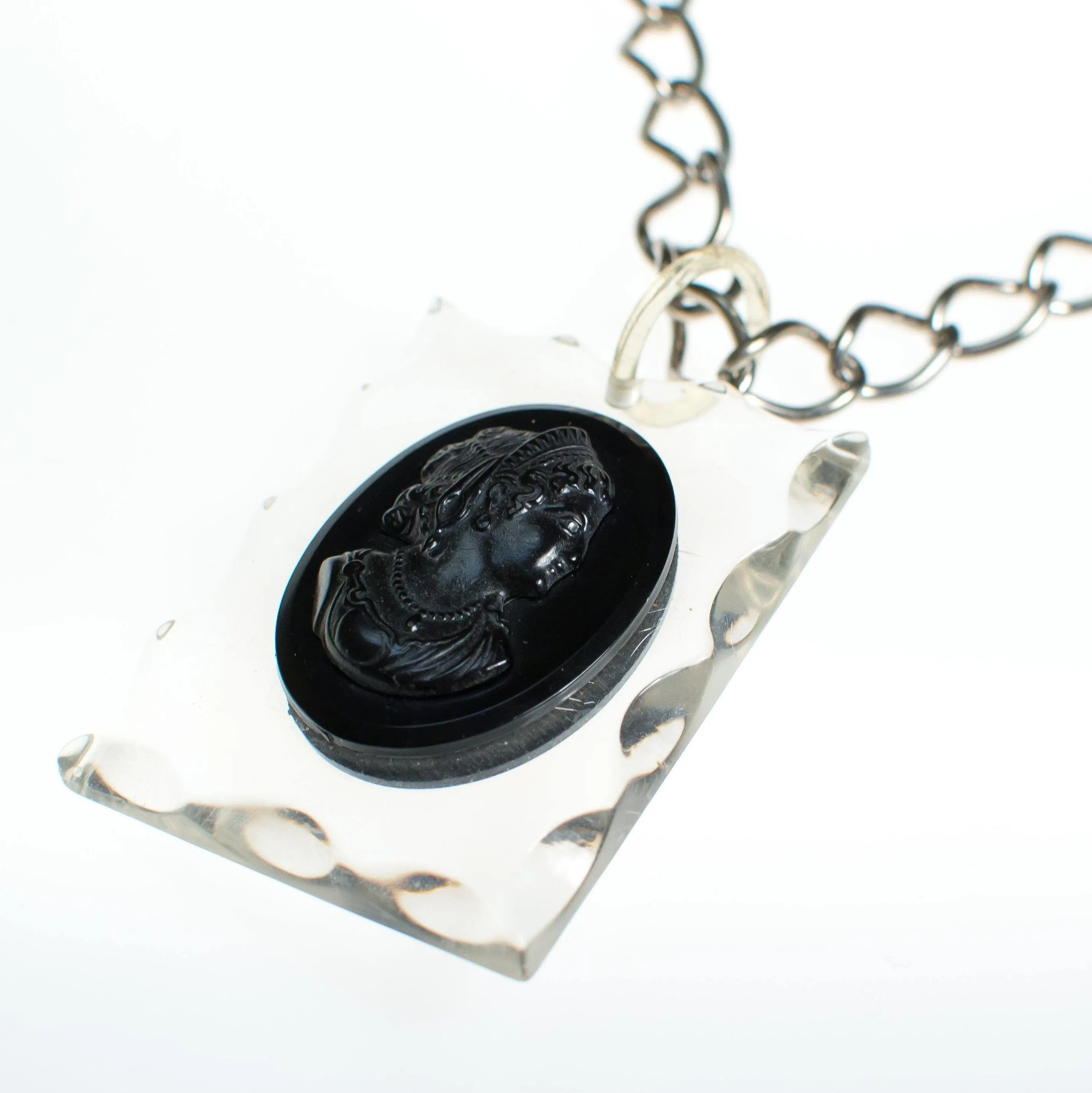 Vintage Mid Century Modern Lucite Cameo Victorian Revival Statement Necklace