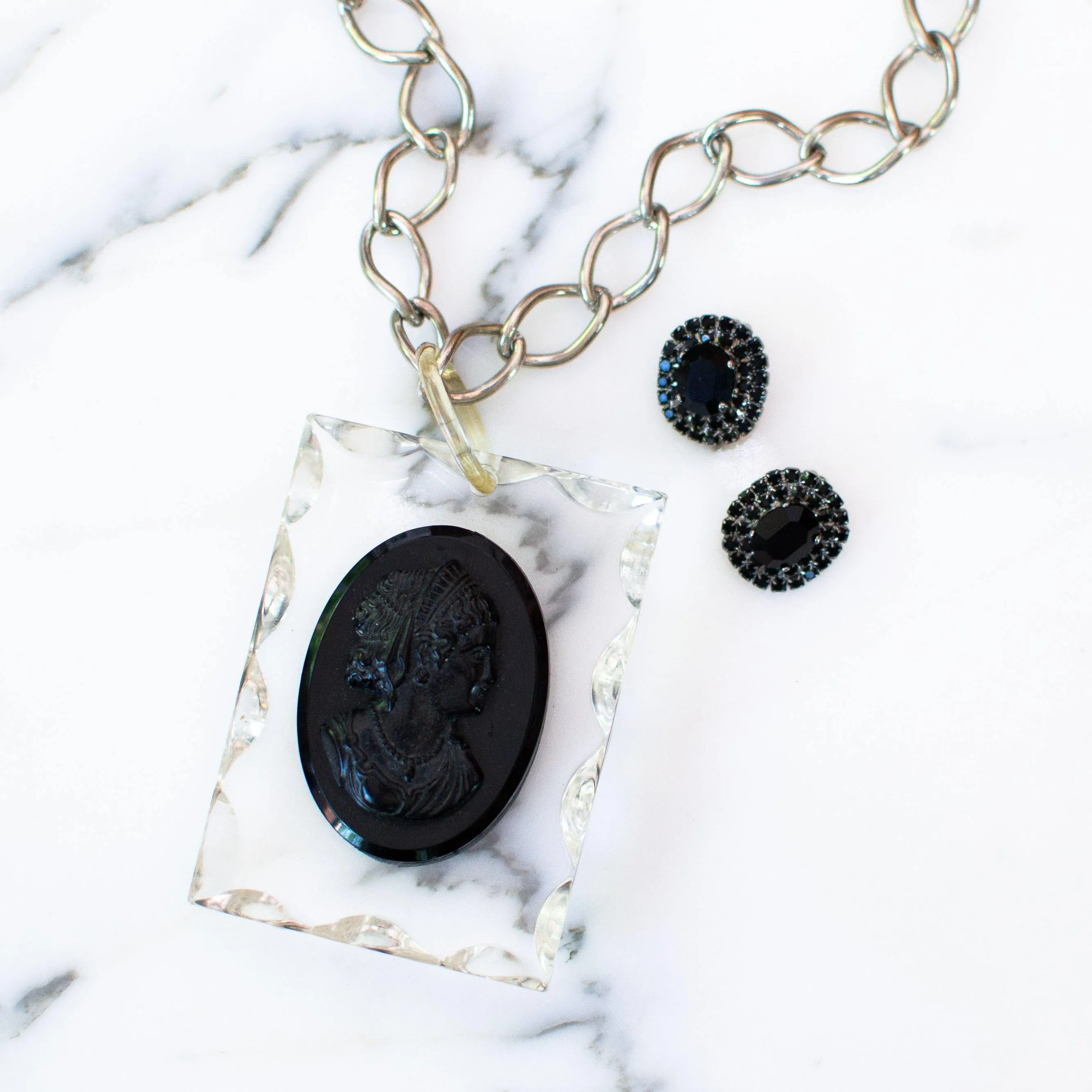Vintage Mid Century Modern Lucite Cameo Victorian Revival Statement Necklace