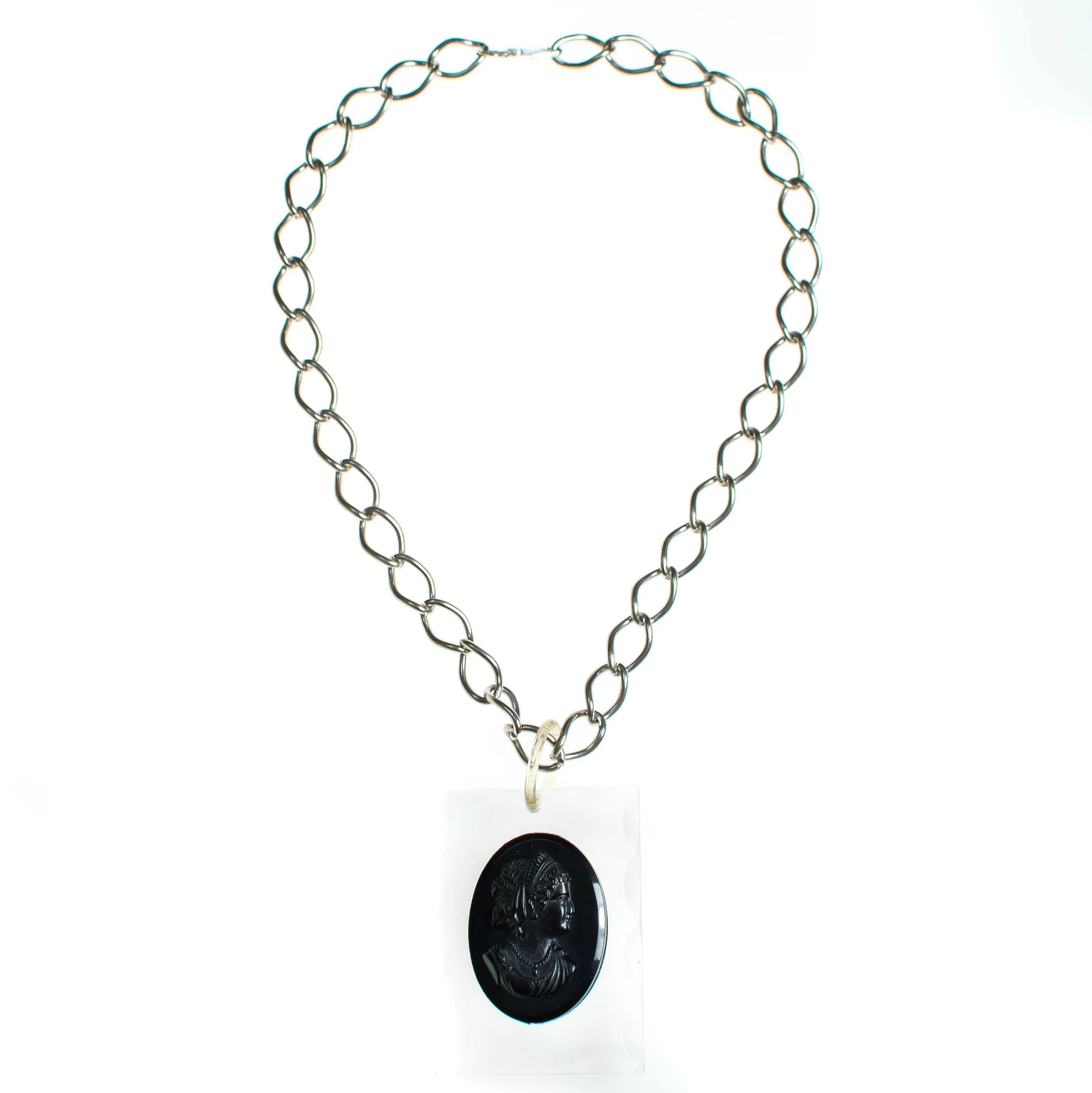 Vintage Mid Century Modern Lucite Cameo Victorian Revival Statement Necklace