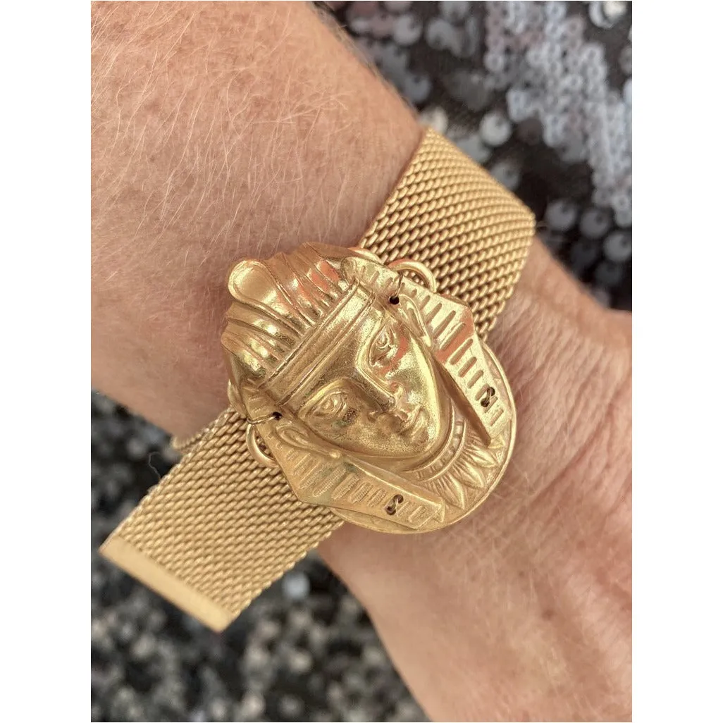 Vintage Miriam Haskell Egyptian Revival Pharoah Head Slide Bracelet Russian Gold