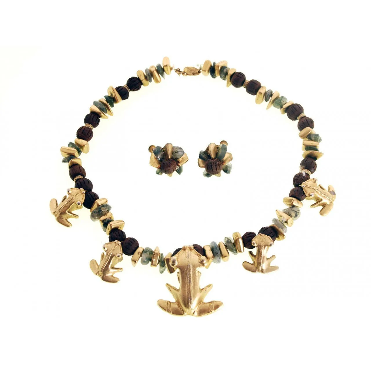 Vintage Miriam Haskell Necklace & Earrings Egyptian Revival Frogs Jade,Wood