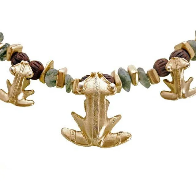 Vintage Miriam Haskell Necklace & Earrings Egyptian Revival Frogs Jade,Wood