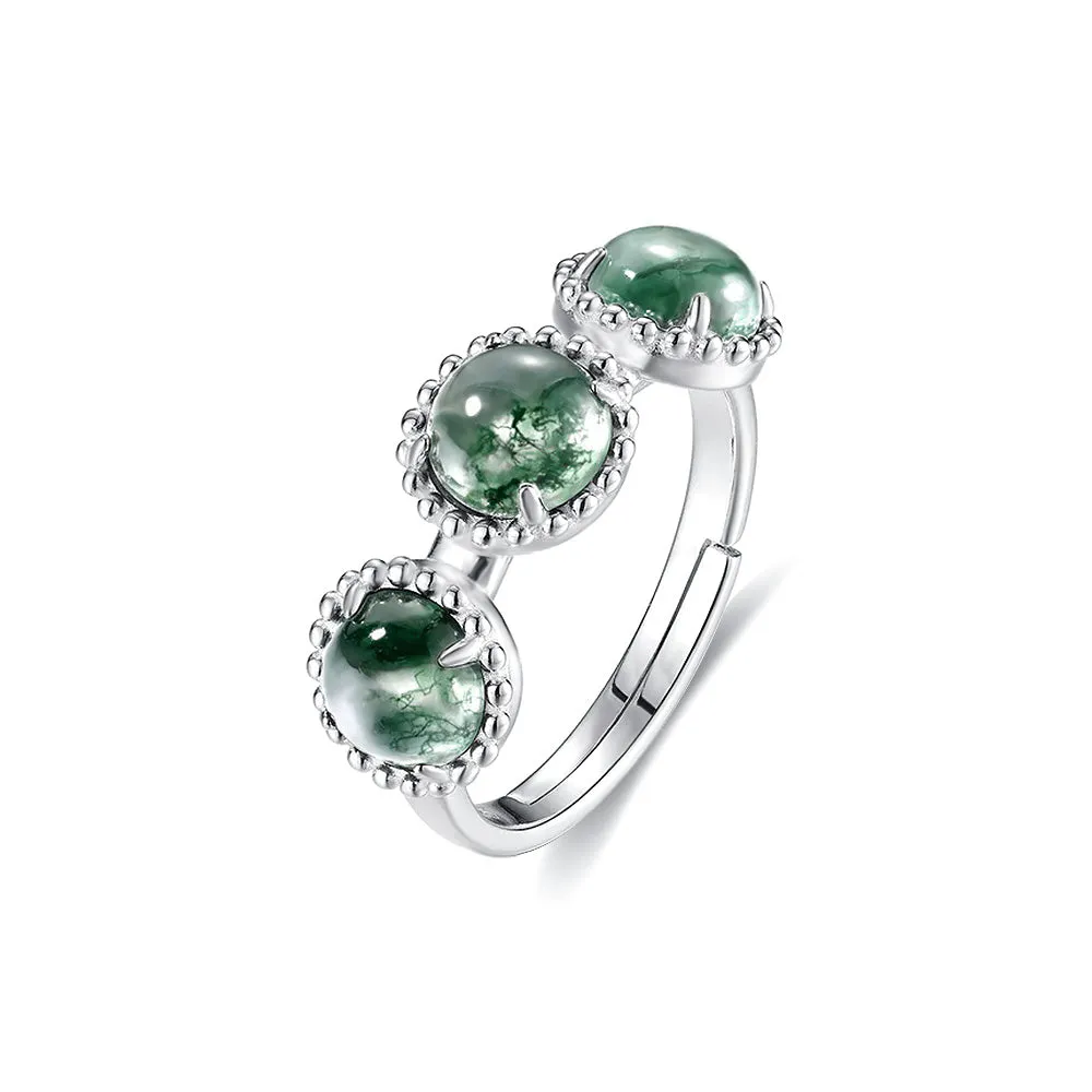 Vintage Natural Green Triple Moss Agate Stone Adjustable Rings