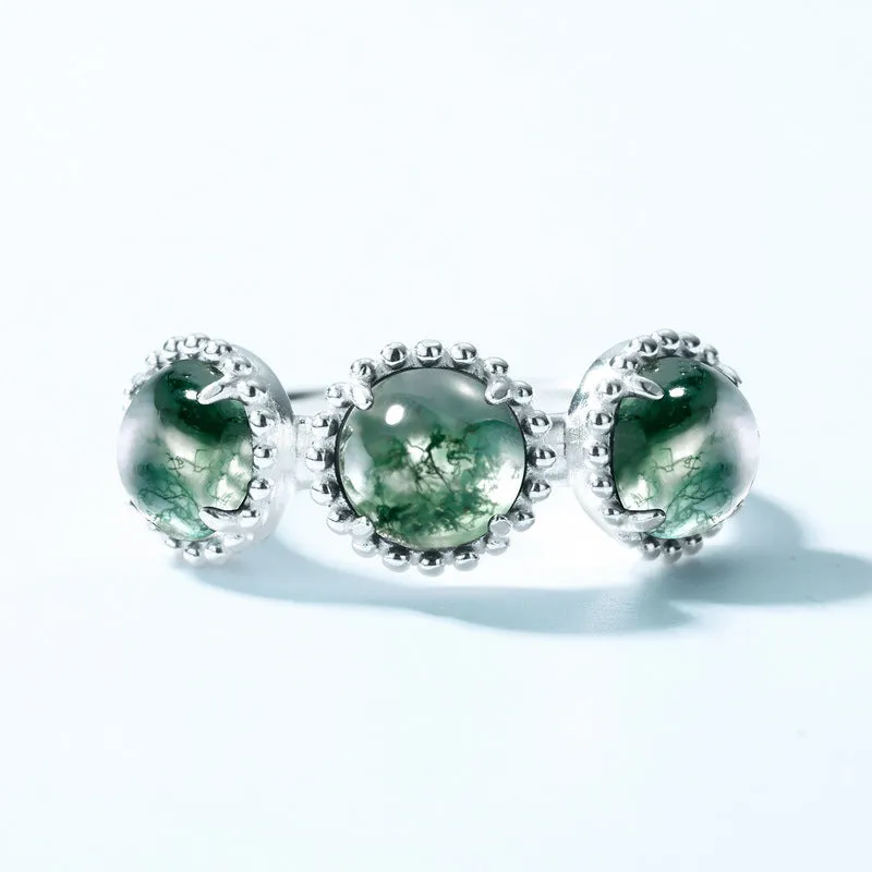 Vintage Natural Green Triple Moss Agate Stone Adjustable Rings