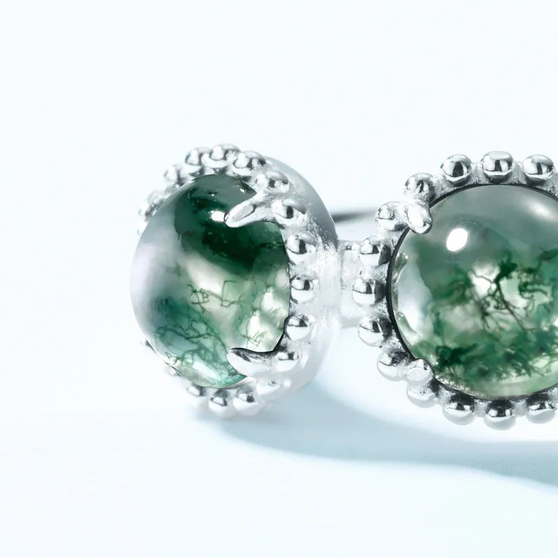 Vintage Natural Green Triple Moss Agate Stone Adjustable Rings