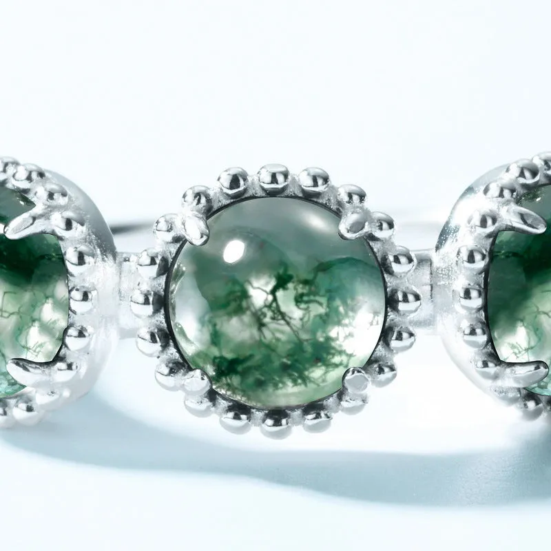 Vintage Natural Green Triple Moss Agate Stone Adjustable Rings