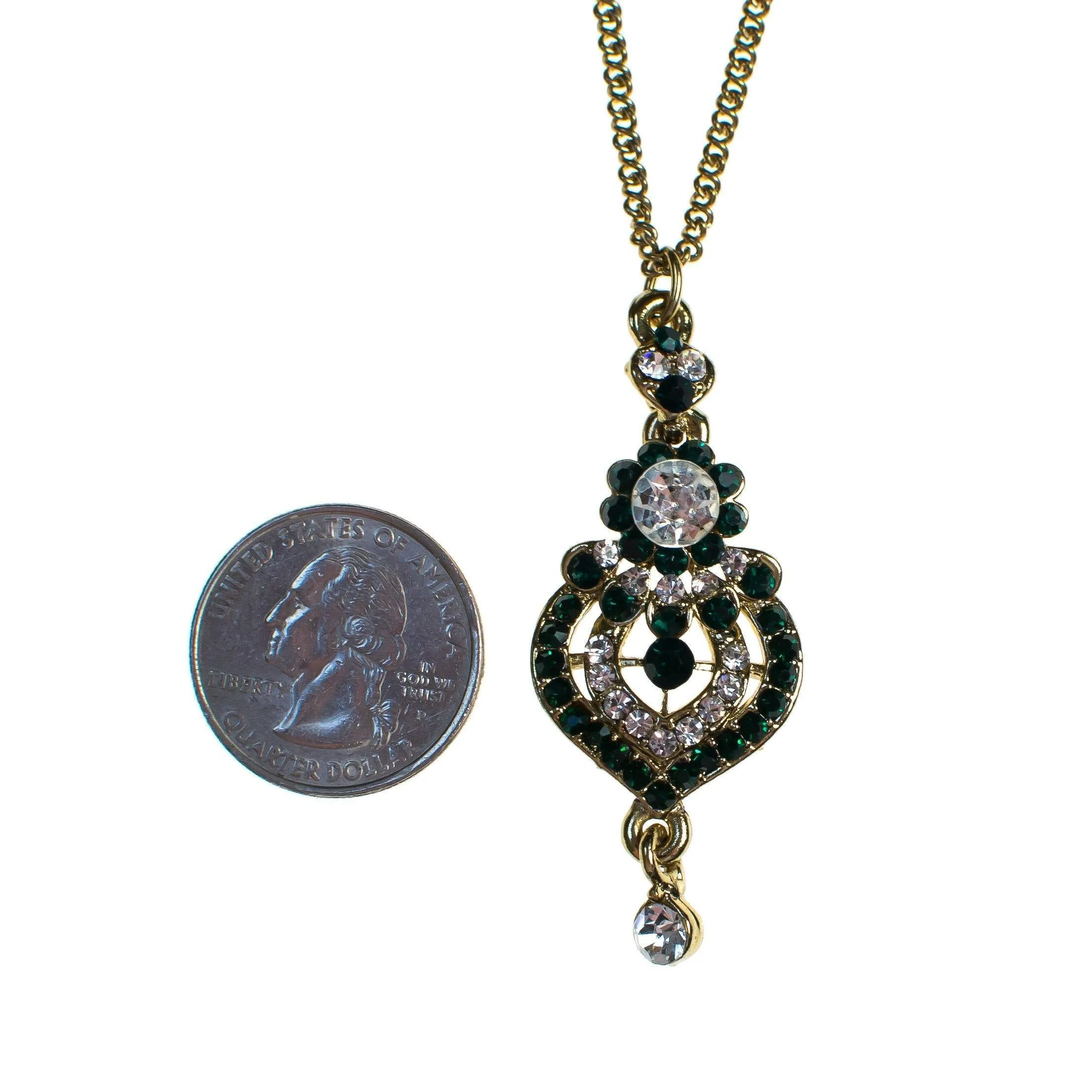 Vintage Renaissance Revival Emerald and Diamante Crystal Pendant Necklace