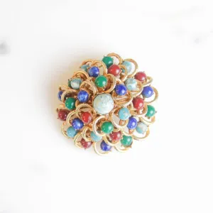 Vintage Renaissance Revival Turquoise, Lapis, Jade, and Carnelian Art Glass Brooch
