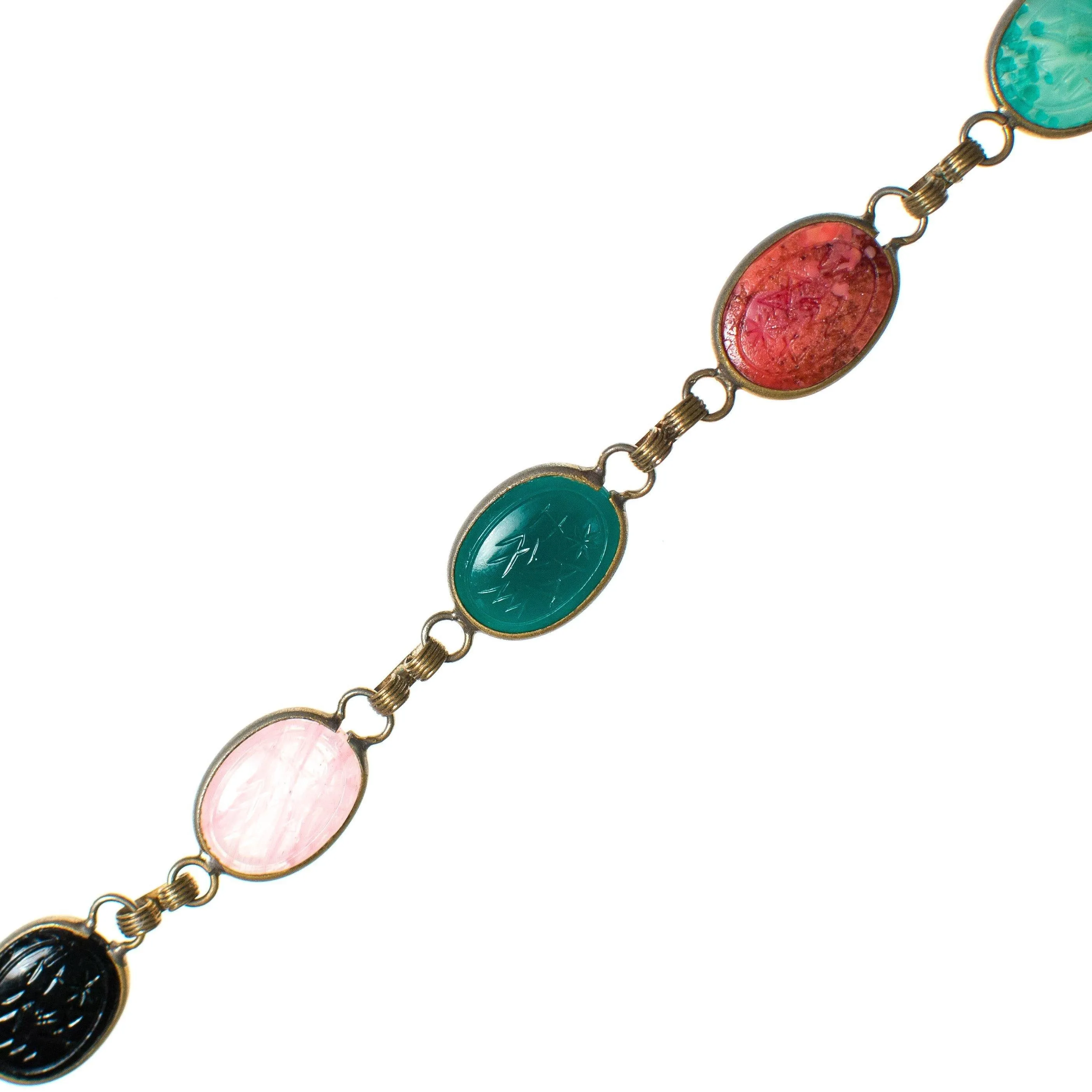 Vintage Semi Precious Gemstone Scarab Bracelet Quartz, Onyx, Jade, Rose Quartz