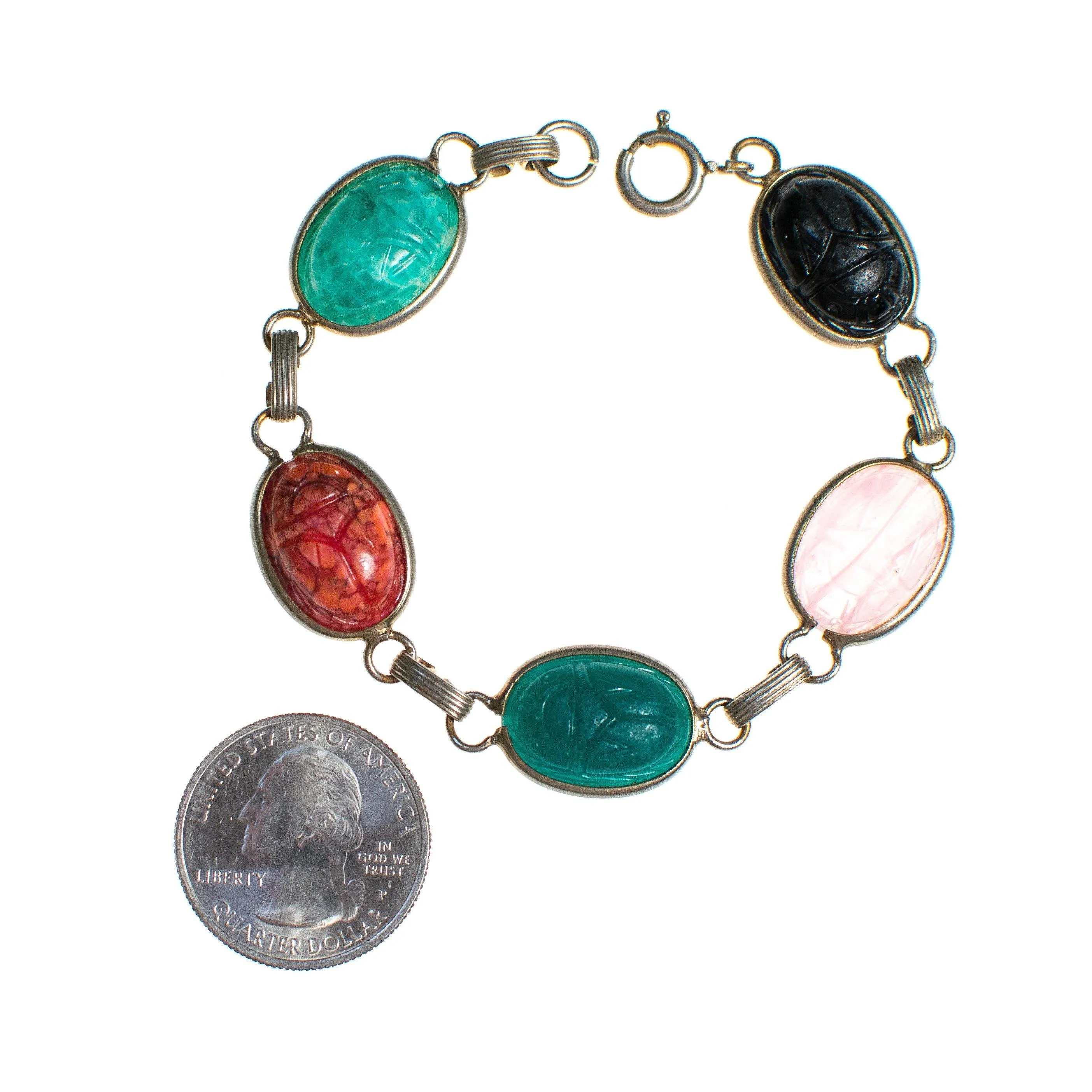 Vintage Semi Precious Gemstone Scarab Bracelet Quartz, Onyx, Jade, Rose Quartz
