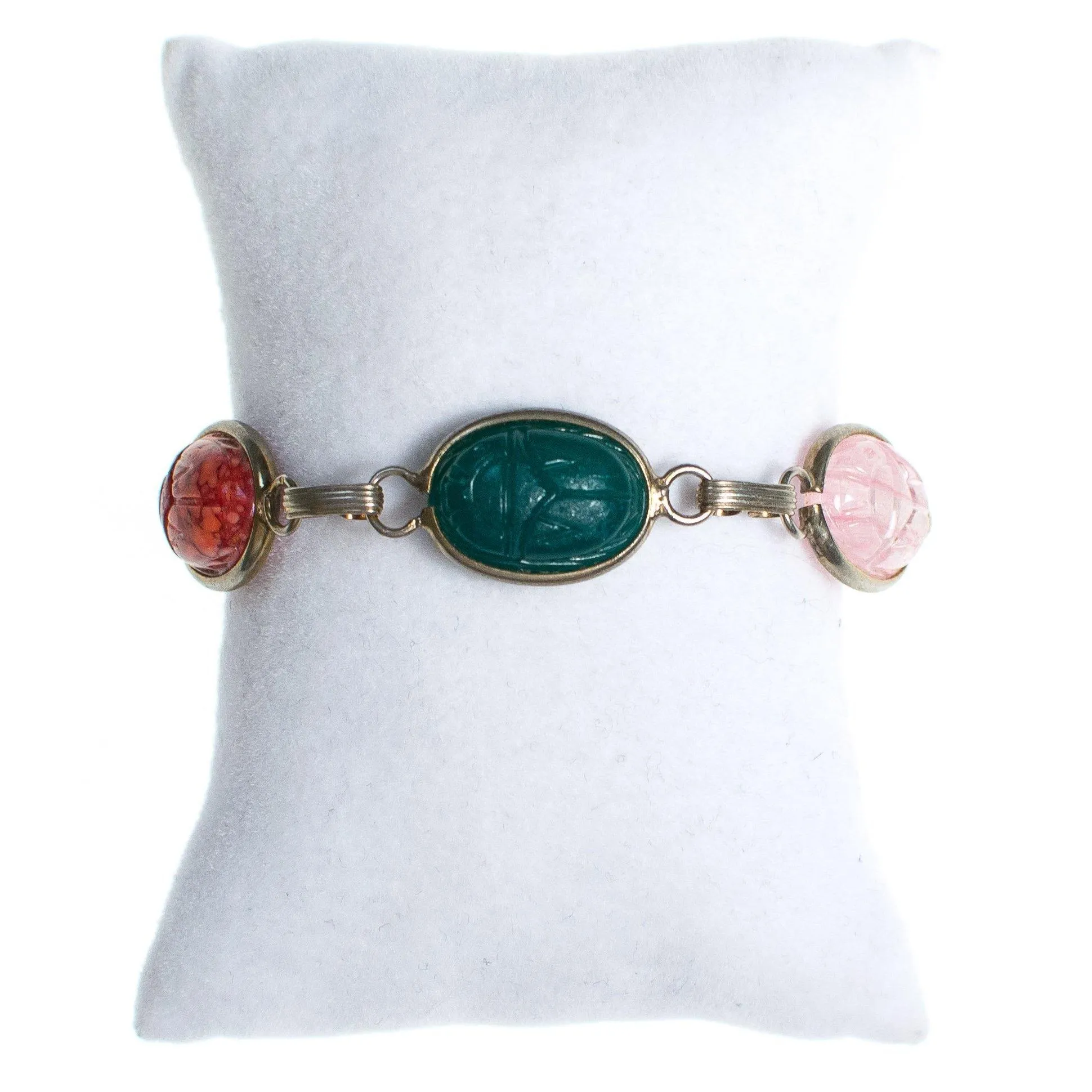 Vintage Semi Precious Gemstone Scarab Bracelet Quartz, Onyx, Jade, Rose Quartz