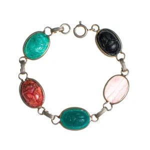 Vintage Semi Precious Gemstone Scarab Bracelet Quartz, Onyx, Jade, Rose Quartz
