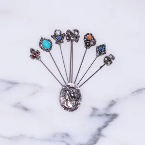 Vintage Silver Cameo Stick Pin Brooch with Rhinestones and Colorful Lucite Cabochons
