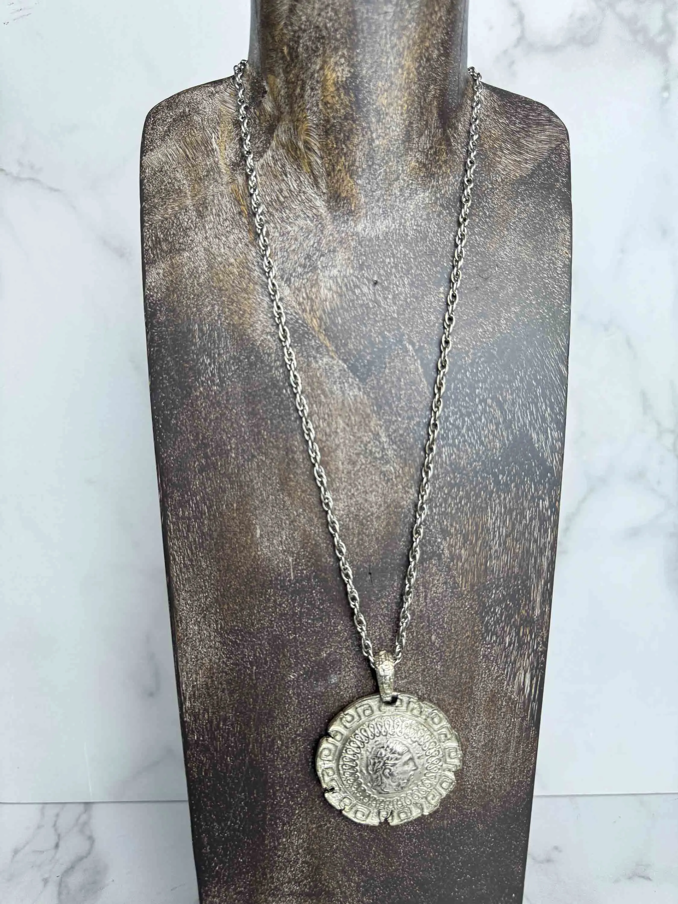 Vintage Silver Medallion Necklace – Timeless Greek Revival