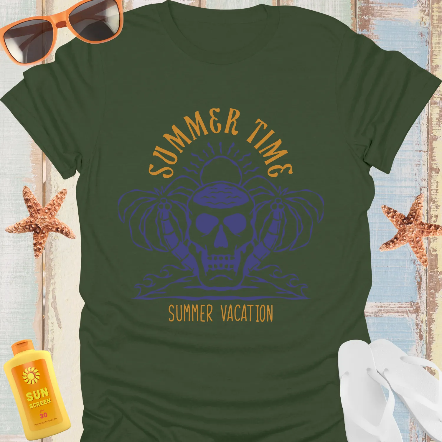 Vintage Skull Summer Time Palm Trees T Shirt