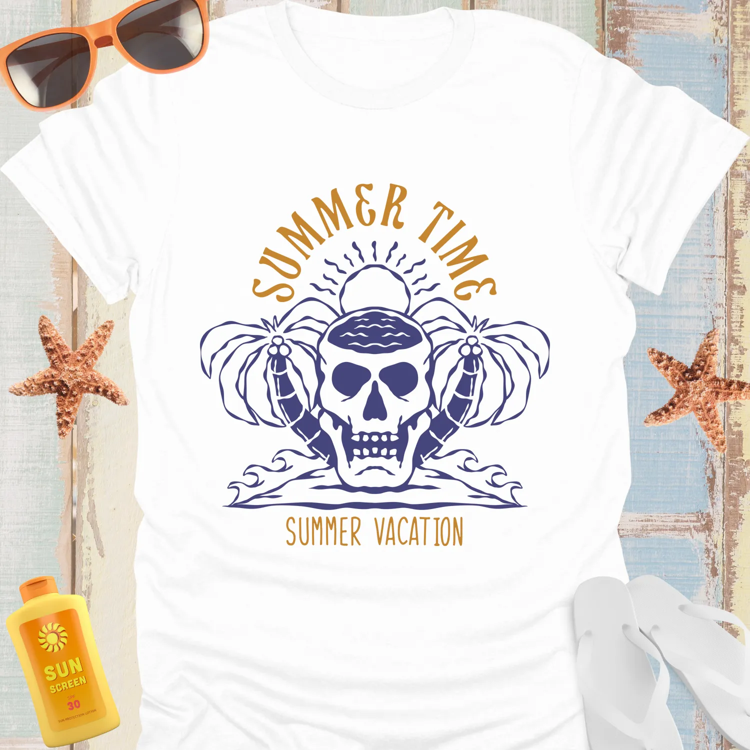 Vintage Skull Summer Time Palm Trees T Shirt